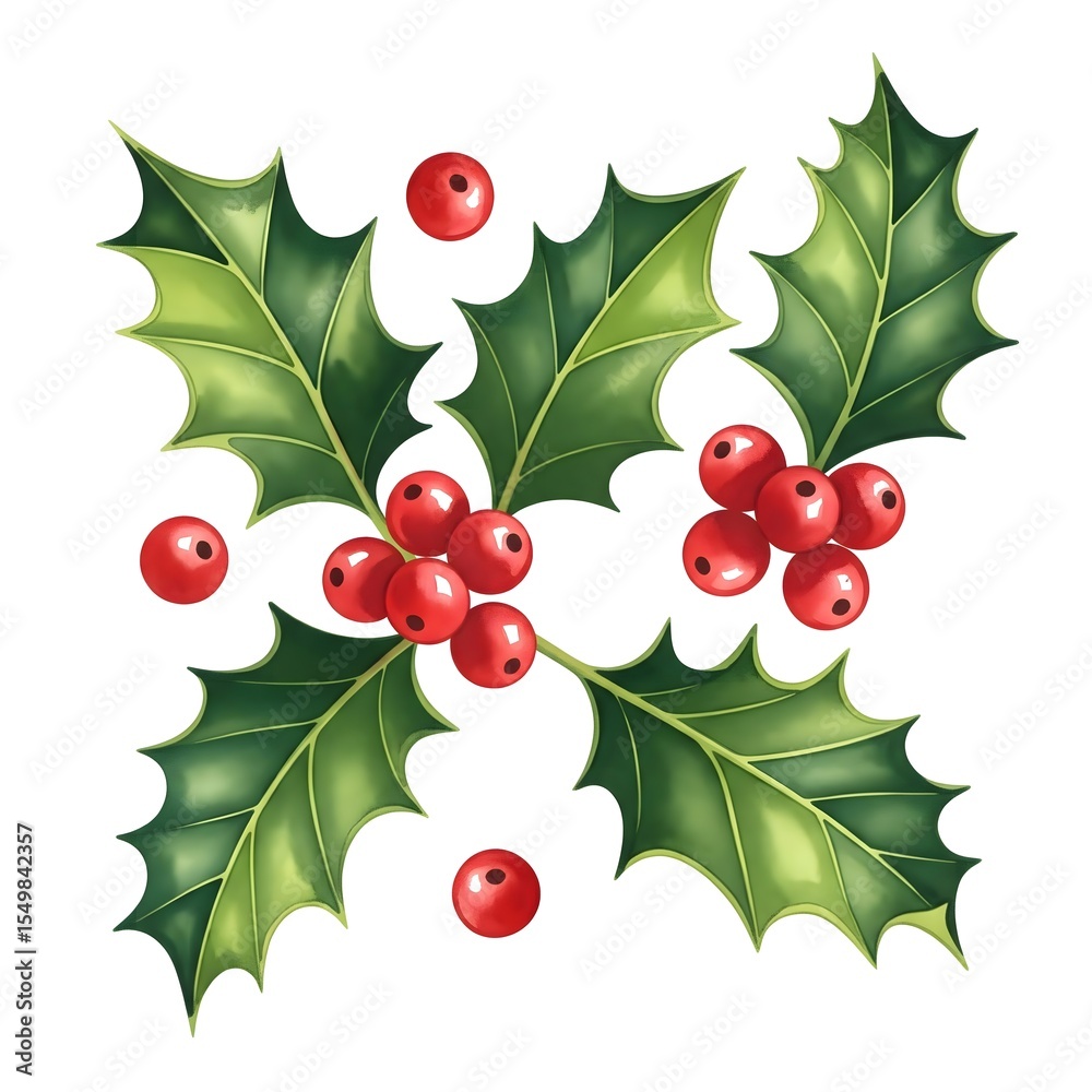 Holly winter berries with sharp green leaves and bright red fruit arranged symmetrically on white background Holly winter berries with sharp green leaves and bright red fruit arranged symmetrically on white background