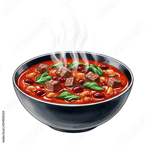 Chili bowl hot meal with steam rising from rich red stew of meat and beans topped with fresh spinach