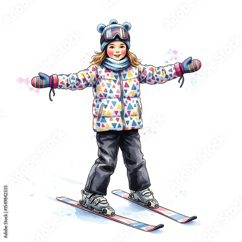 Happy Girl Skiing in Colorful Jacket, Arms Outstretched, Winter Adventure Fun