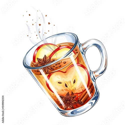 Apple drink hot beverage with steam rising from glass mug filled with cinnamon sticks and star anise