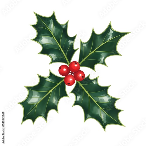 Holly Leaves and Red Berries – Festive Christmas Decoration on White Background
