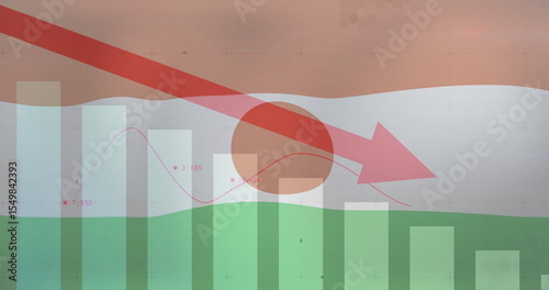 Displaying red arrow sloping down on screen, with vertical bars, red line graph labels, red circle
