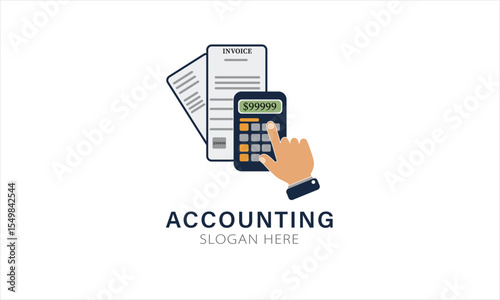 "Accounting Logo: Hand on Calculator with Bills and Dollar Signs - Financial Services"