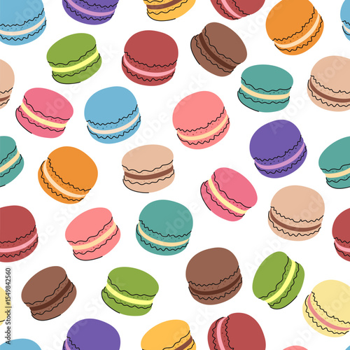 Multicolored macaroons cartoon seamless pattern. Macarons on white background.