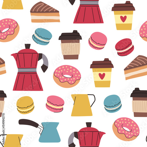 Coffee cartoon pattern. Coffee paper cups, donuts, macaroons, geyser coffee makers and cezves on a white background.