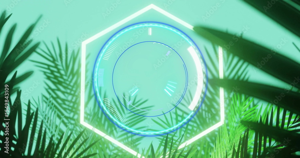 Obraz premium Animating hexagon and circular HUD rotating in virtual environment, with palm and fern silhouettes