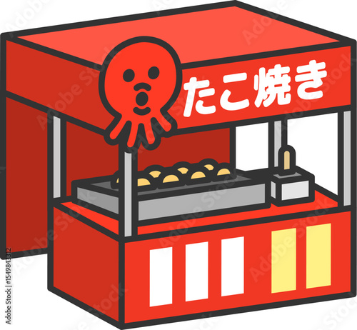 たこ焼きの、お祭り屋台（線画カラー）のイラスト