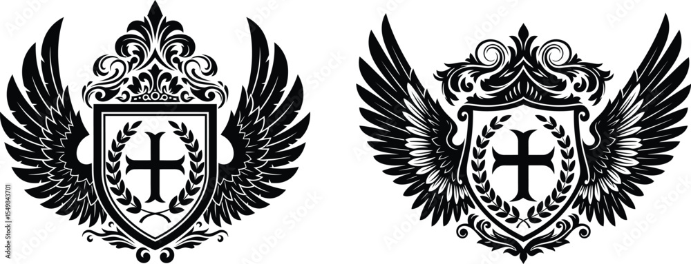 Fototapeta premium Two Coats of Arms with Wings and Cross Motif Emblems Designs