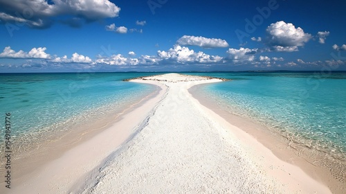Pristine white sand beach under crystal blue skies cinematic tropical paradise