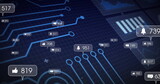 Floating bell notification bubble hovering over grid, with glowing nodes, numeric badge