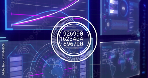 Futuristic dashboard displaying floating data panels in control center, with circular HUD gauge