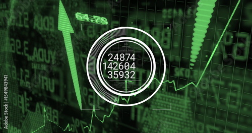 Displaying circular HUD overlay showing key numbers on trading dashboard, emphasizing upward arrow