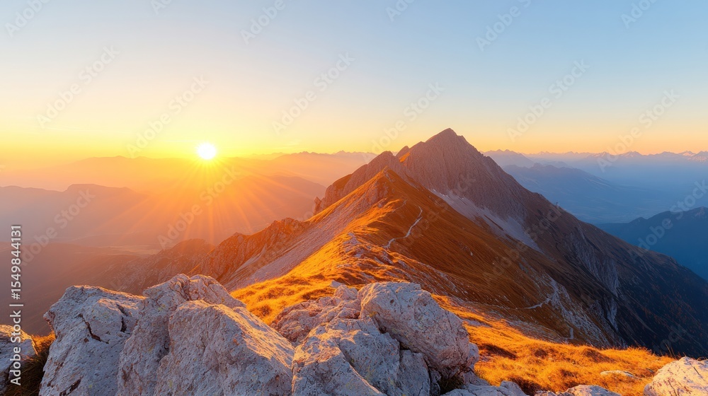 Naklejka premium Majestic mountain landscape at sunrise, showcasing vibrant colors and rocky terrain with a breathtaking view.