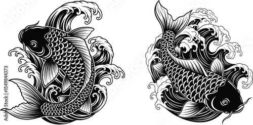 Two Detailed Koi Fish Illustrations with Flowing Water Designs, Artistic Japanese Art