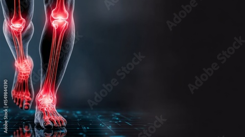 Digital bone on the human foot. Man suffering from knee pain. Injury caused by training. Tendon problems. Panoramic banner with copy space -