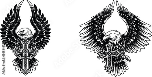 Two Eagle Illustrations With Spread Wings Gripping Detailed Crosses Elements