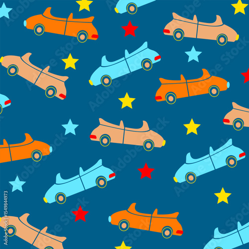 blue seamless cars cartoon vector design for kids fullprint fabric apparel