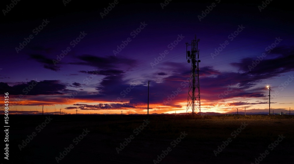 Fototapeta premium Stunning Sunset Over Power Lines and Cell Towers