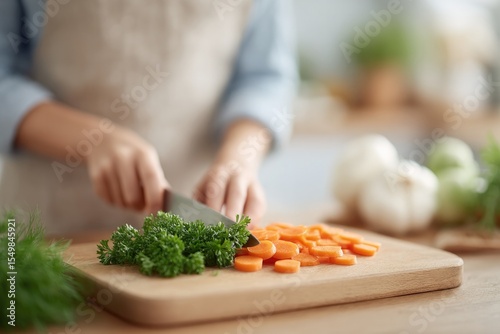 cook effortlessly slices vegetables on wooden board background shows blurred figures in kitchen