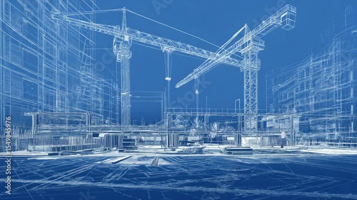 Dynamic blueprint animation of urban construction with tower cranes and skyscrapers