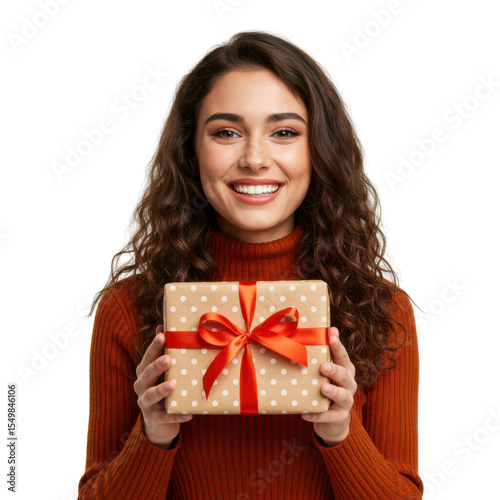 Smiling woman with gift isolated on transparent background