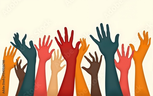 Stylized vintage poster with an array of colorful hands raised on a stark white background, emphasizing themes of unity and diversity in a retro design. High quality