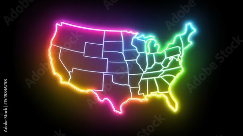 Colorful Neon Map of the United States Highlighting State Boundaries