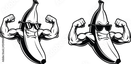 Two monochrome illustrations depicting a banana character flexing muscular arms while grinning fiercely