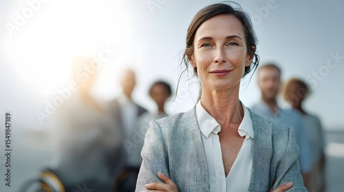 a female leader with a mobility aid standing confidently in front of her team
