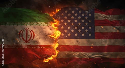 Iran vs USA flags burn in a fiery confrontation, symbolizing political conflict, international crisis, war, and hostile diplomatic relations between the two countries.