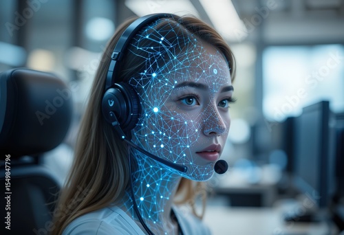 Woman with headset uses AI software. Futuristic face with digital lines connecting face, headset. Customer service representative provides support, call center employs AI software, 32k Resolution