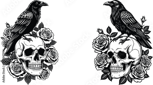 Two Ravens Perched on Skulls Surrounded by Roses in Illustration Art