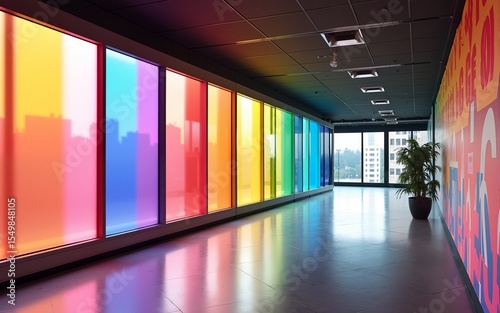 Vibrant rainbow-colored windows line a modern office hallway, adorned with a bold gender equality and pride wallpaper, surrounded by sleek, minimalist interior design. High quality