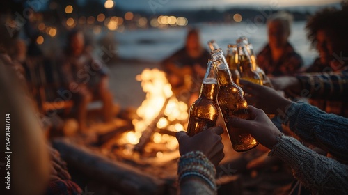 Friends cheersing beer bottles around campfire at night
