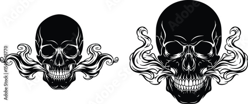 Two Skulls with Smoke Emanating, Design Tattoo Illustration Art