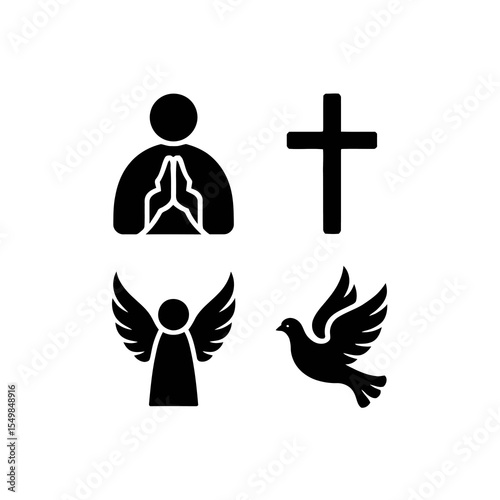 Four black icons are depicted against a white background, featuring a praying person, a cross, an angel, and a dove