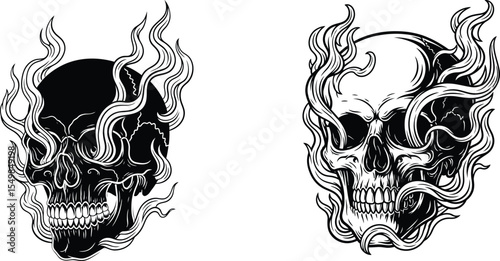 Two Stylized Human Skulls Encircled by Swirling Smoke Illustration, Isolated Design