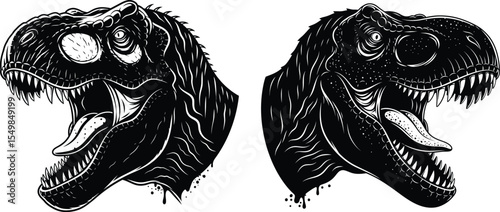 Two Tyrannosaurus Rex Heads Profile with Open Mouth and Sharp Teeth