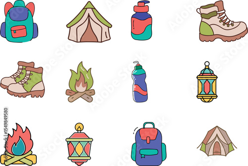 Set of hiking, camping elements like backpack,hiking boots, campfire, tent, light, bottle icon vector illustration on white background,