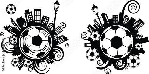 Urban Soccer Cityscape with Footballs, Street Lamps, and Decorative Swirls Graphic