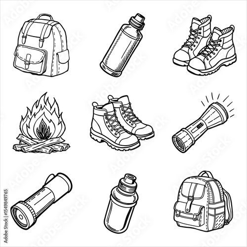 Set of hiking, camping elements like backpack,hiking boots, campfire, tent, light, bottle line art vector illustration on white background.