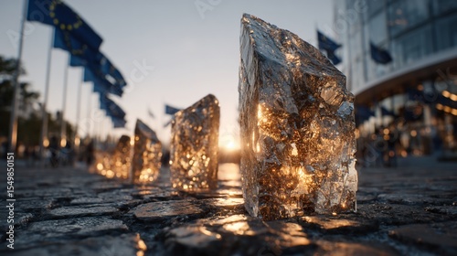 Illuminated Quartz Crystals Reflecting the Evening Sun near European Union Flags