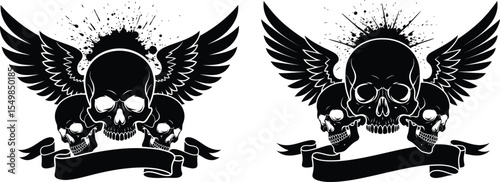 Winged Skull Art with Banner and Splatter Decoration, Tattoo Design Element