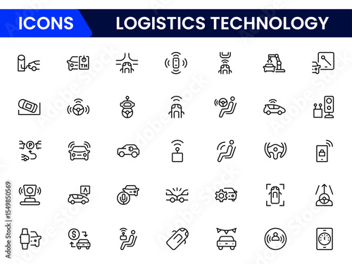 Efficient vector web line icons depicting logistics technology, tracking, automation, supply chain, and digital solutions for streamlined global operations.