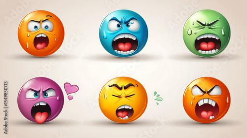 Pastel cartoon emotion icons including crying, giggling, and shocked expressions with subtle gradients 
