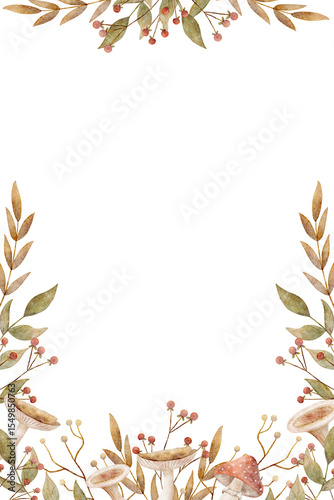 Frame watercolor mushrooms berries leaves, hand drawn illustration in autumn colors in retro style. Rectangular template on isolated background for design postcards, posters holidays packaging dishes