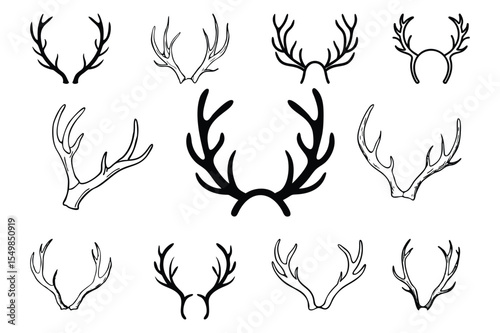  Set of deer antlers silhouette icon vector illustration on white background. 