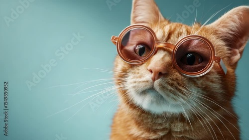 Cool ginger cat wearing sunglasses looks around in aqua background with curious expression