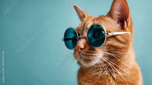 Cool ginger cat wearing stylish round sunglasses poses with attitude on turquoise background