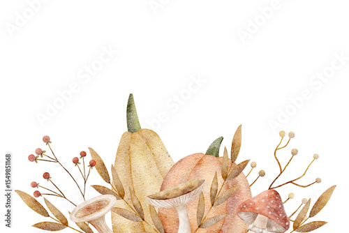 Watercolor autumn pumpkins leaves mushrooms berries. Frame hand drawn illustration yellow orange in retro style. Composition for invitations, postcards, posters, packaging, holidays, dishes, labels